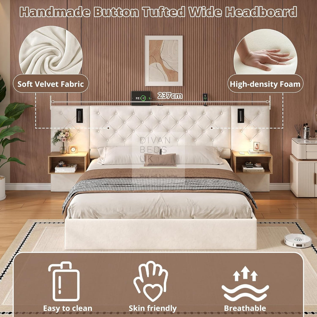 Arellano Beige Velvet Oversized Headboard Ottoman Storage Bed with Integrated Bedside Shelves, Power Outlets, USB & Type C Ports