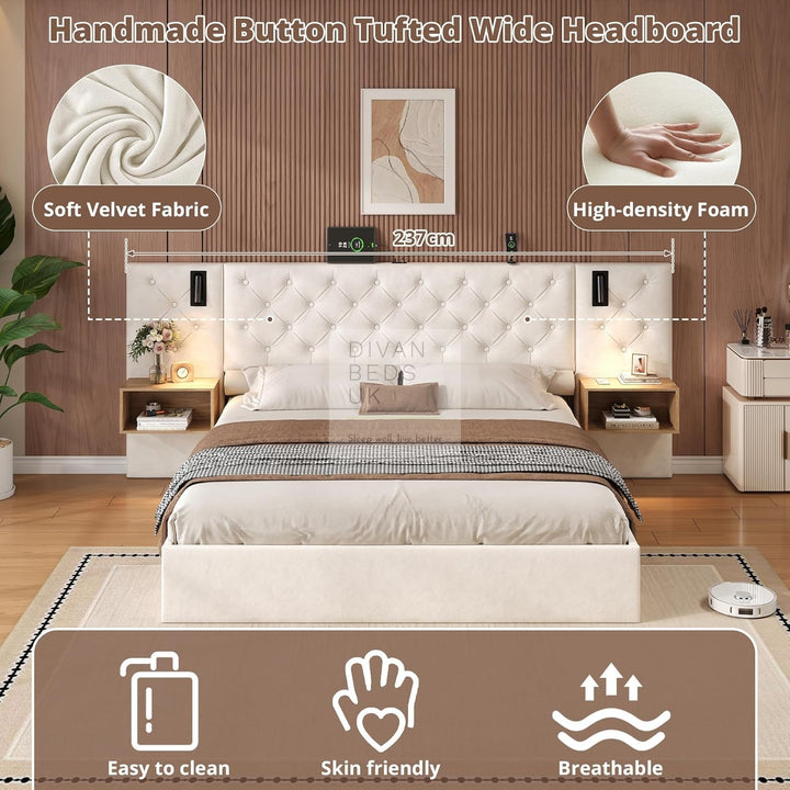 Arellano Beige Velvet Oversized Headboard Ottoman Storage Bed with Integrated Bedside Shelves, Power Outlets, USB & Type C Ports