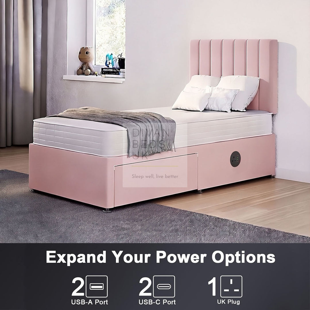 Chiara Smart Divan Bed Set with Buttoned Headboard with Charging, Sockets, USB, Type C Ports