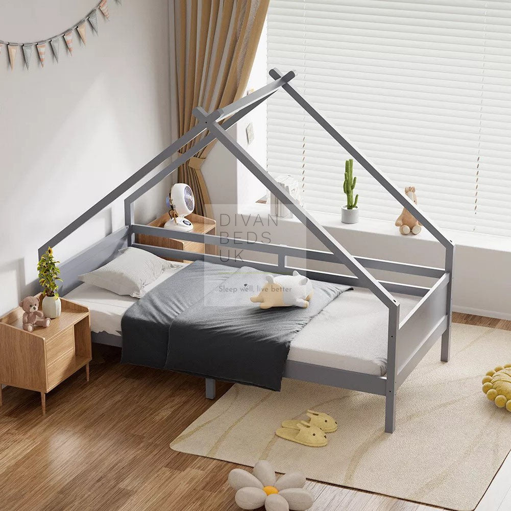 Contessa Grey Treehouse 3ft Single Bed Wooden with Canopy Kids Sleeper Pine House Low Childs