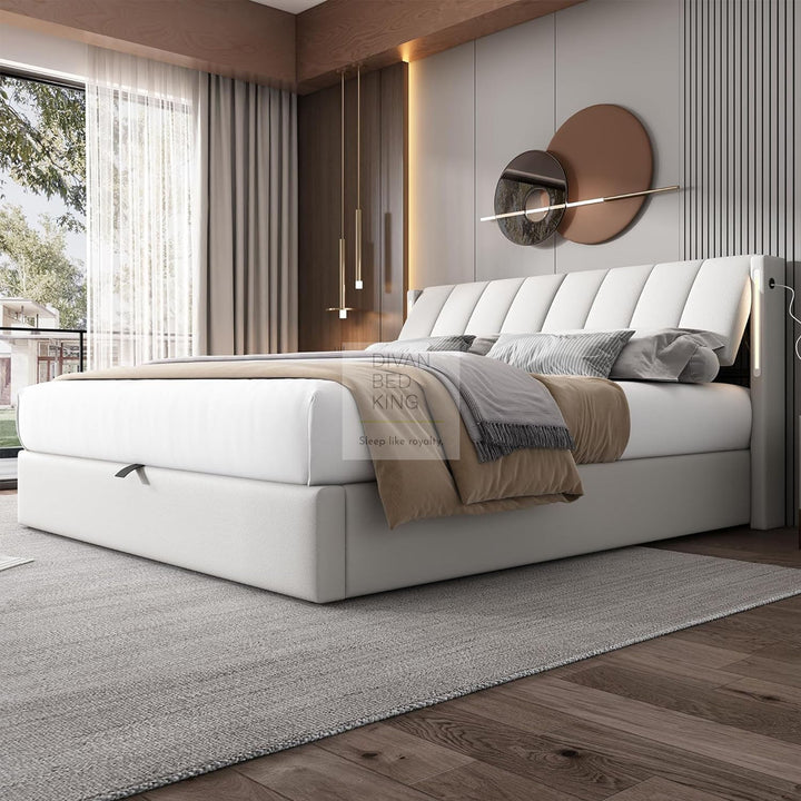 Lochlan White Leather Ottoman Bed with Adjustable Headrest + LED + USB + Type C Charging