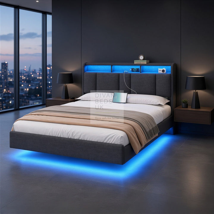 Everleigh Grey Linen Floating Bed Frame with Padded Storage Wing Headboard, LED Lights, USB &amp; Type-C Charging Station