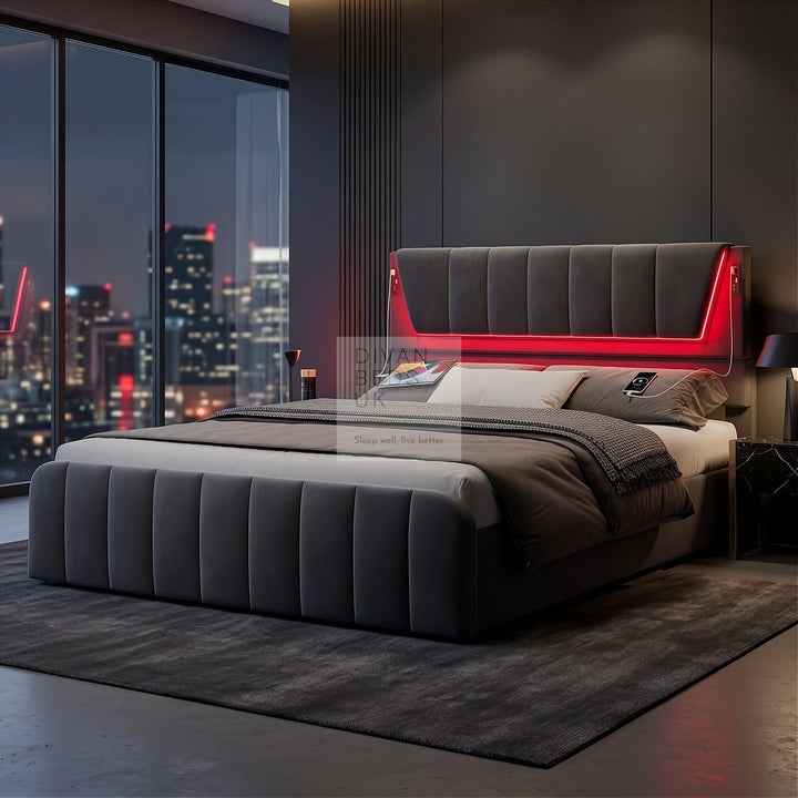 Kamari 4 Drawer Storage Grey Plush Velvet Smart Bed with with LED Lights, USB and Type-C Charging