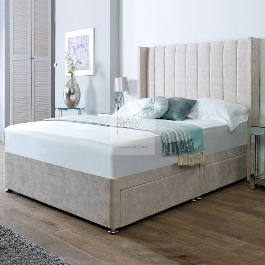 Anna Wing Divan Bed with Luxury Panel Stripe Wingback Headboard