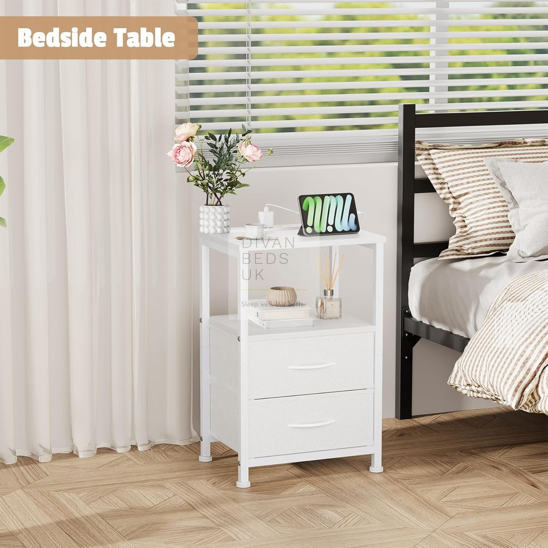 Henry 2 Drawer White Wood and Metal Smart Bedside Table with Shelf