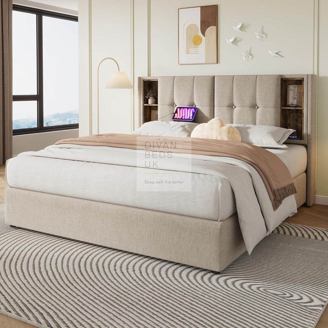 Guevara Beige Cream Linen Ottoman Storage Bed with Type C, USB & Wireless Charging Headboard Shelves