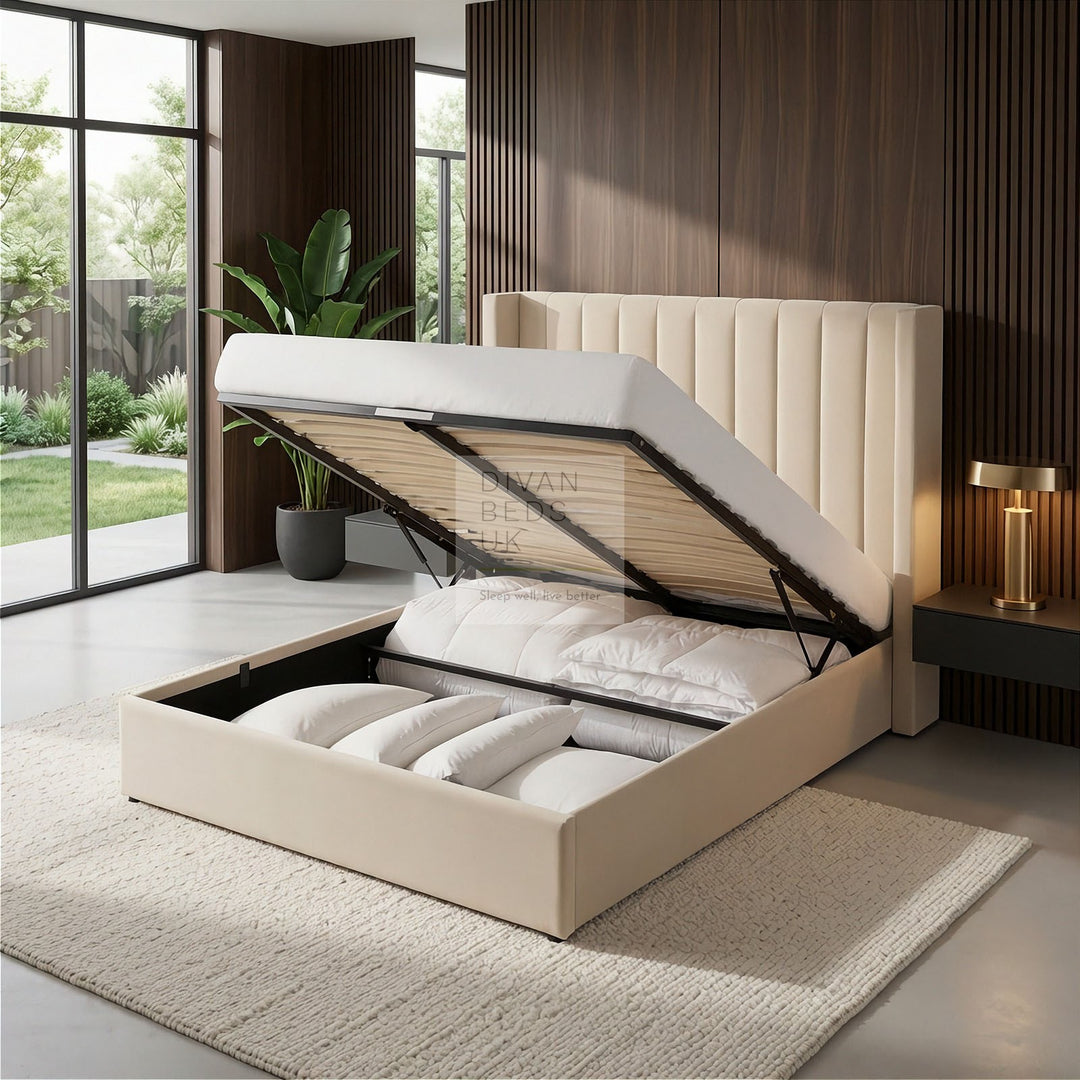 Madison Luxury Ottoman Storage Upholstered Headboard Bed Frame