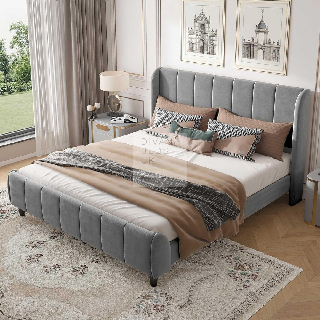 Benicio Grey Velvet Luxury Wingback Curved Upholstered Bed Frame