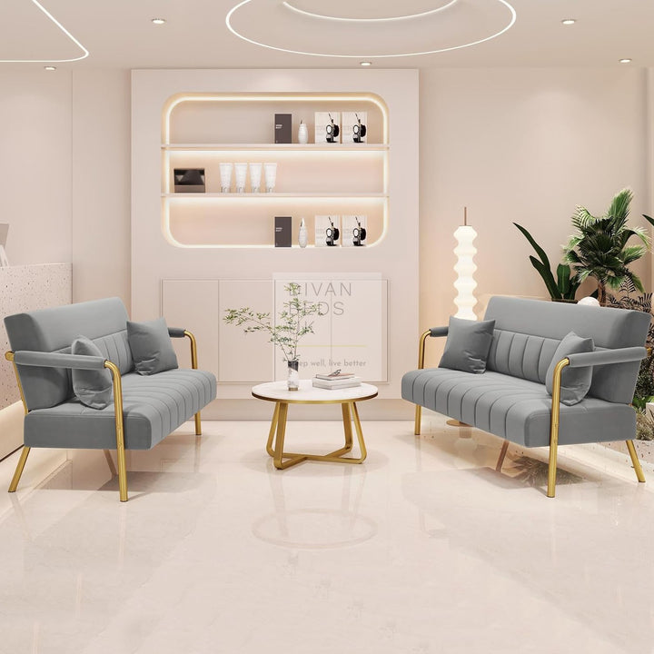Parisa Grey Velvet Velour 2 Seater Sofa with Gold Metal Legs