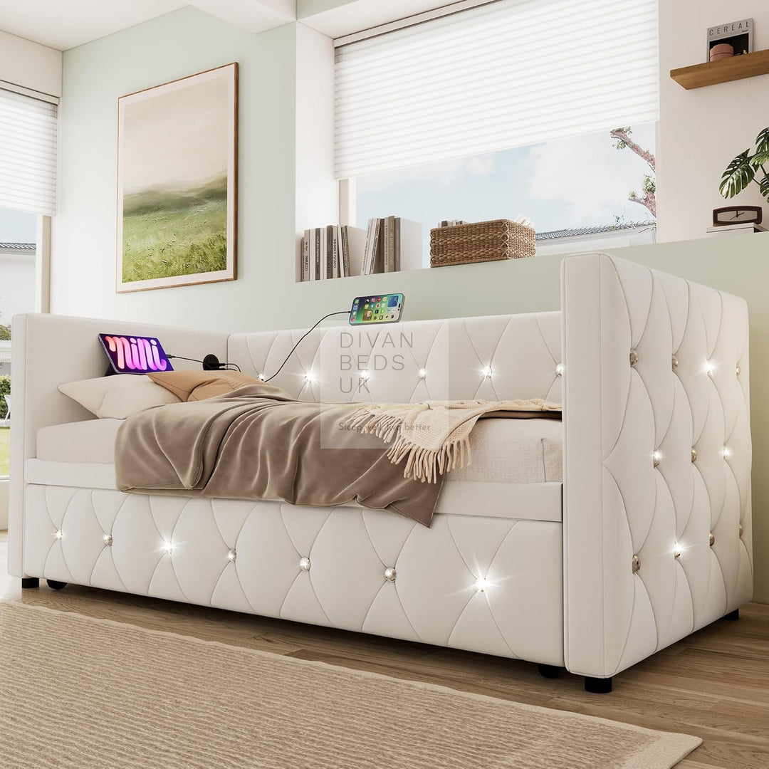 Taranto Beige Velvet Diamante Crystal Smart Daybed Sofa Bed Couch with Trundle, Charging Station, USB & Type C Ports