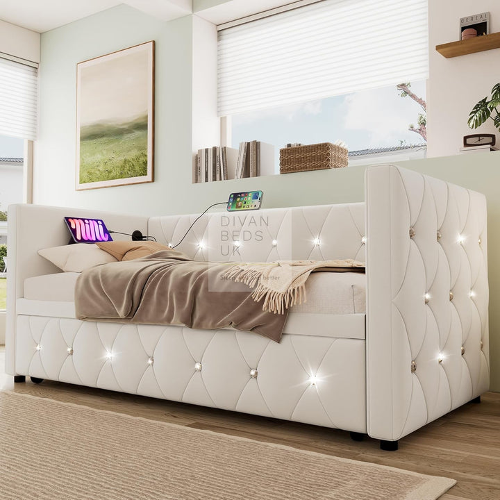 Taranto Beige Velvet Diamante Crystal Smart Daybed Sofa Bed Couch with Trundle, Charging Station, USB & Type C Ports