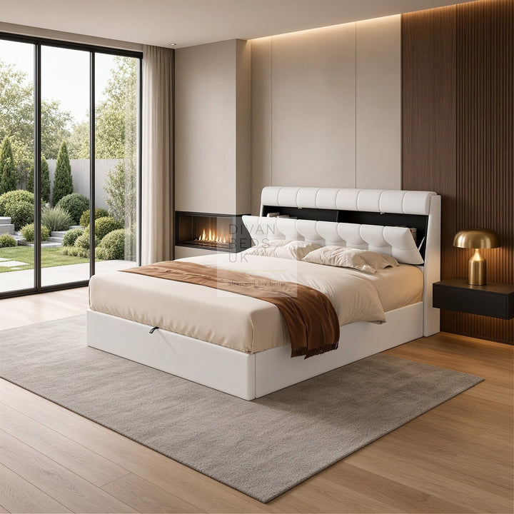 Carmine White Leather Ottoman Storage Bed with Headboard Storage