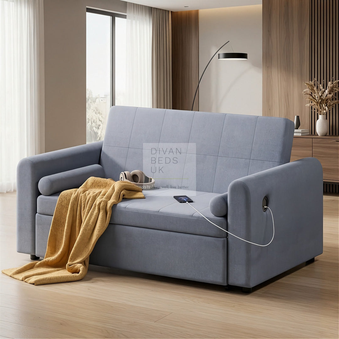 Kimora Dark Grey Linen Smart Daybed Sofa Bed with USB & Type C Charging and Matching Pillows
