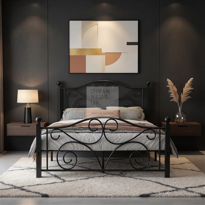 Elena Vintage Scroll Style Black Metal Bed Frame with Matching Footboard