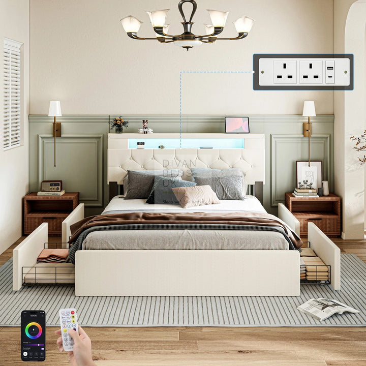 Harmon Beige Linen Smart Bed with 4 Drawer Storage, LED and Charging Station AC Socket, USB, Type C on Headboard Storage Shelf