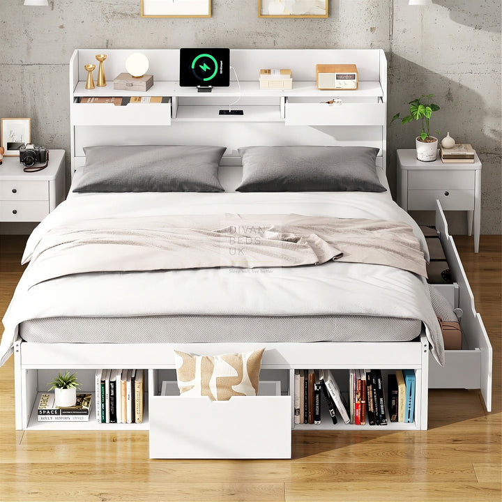 Castaneda White Wooden Smart Bed with 4 Drawers, Power Outlets and USB Ports & Shelves