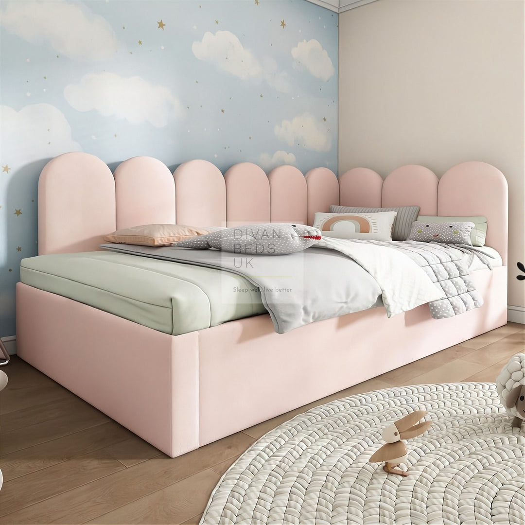 Novara Pink Plush Velvet Convertible Corner 2 Seater Daybed Sofa Bed Couch with Trundle