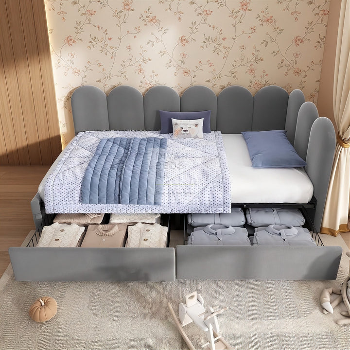 Novara Grey Plush Velvet 2 Drawer Corner 2 Seater Daybed Sofa Bed Couch