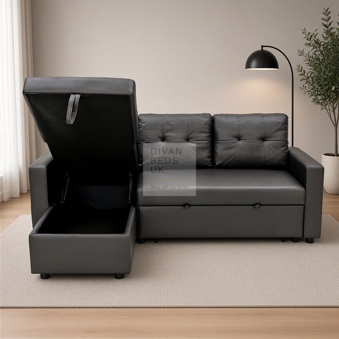 Sarai Black Leather 4 Seater Ottoman Storage Corner L Shape Sofa Bed with Pull-Out Trundle