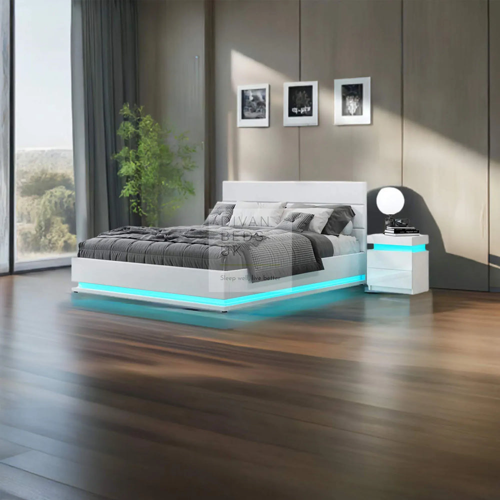 Zena LED White Leather Ottoman Gas Lift Storage Smart Bed