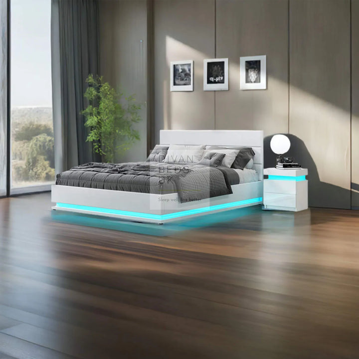Zena LED White Leather Ottoman Gas Lift Storage Smart Bed