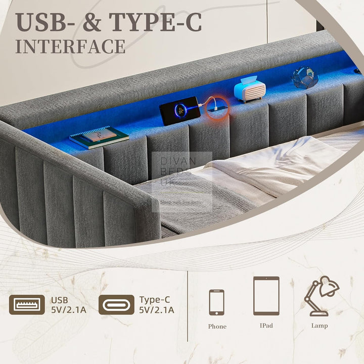 Adalynn Grey Plush Velvet Smart Sofa Bed Daybed with Bluetooth LED Lights, Storage, Shelves, USB & Type C Charging & Trundle