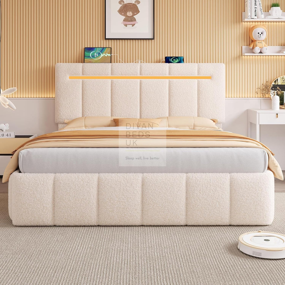Lanusei Cream Beige Soft Boucle Ottoman Storage Smart Bed with LED Lights, Type C and USB Charging Headboard Shelf