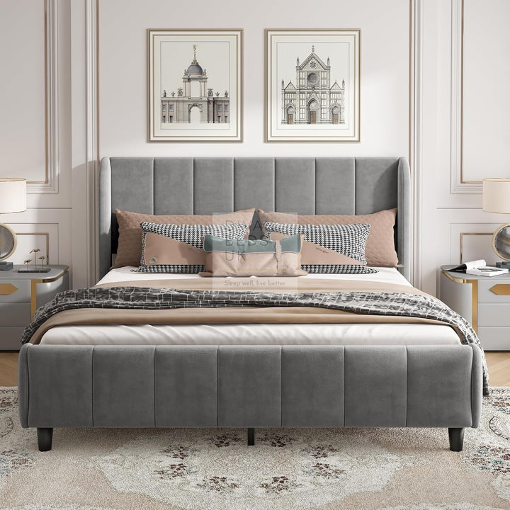 Benicio Grey Velvet Luxury Wingback Curved Upholstered Bed Frame