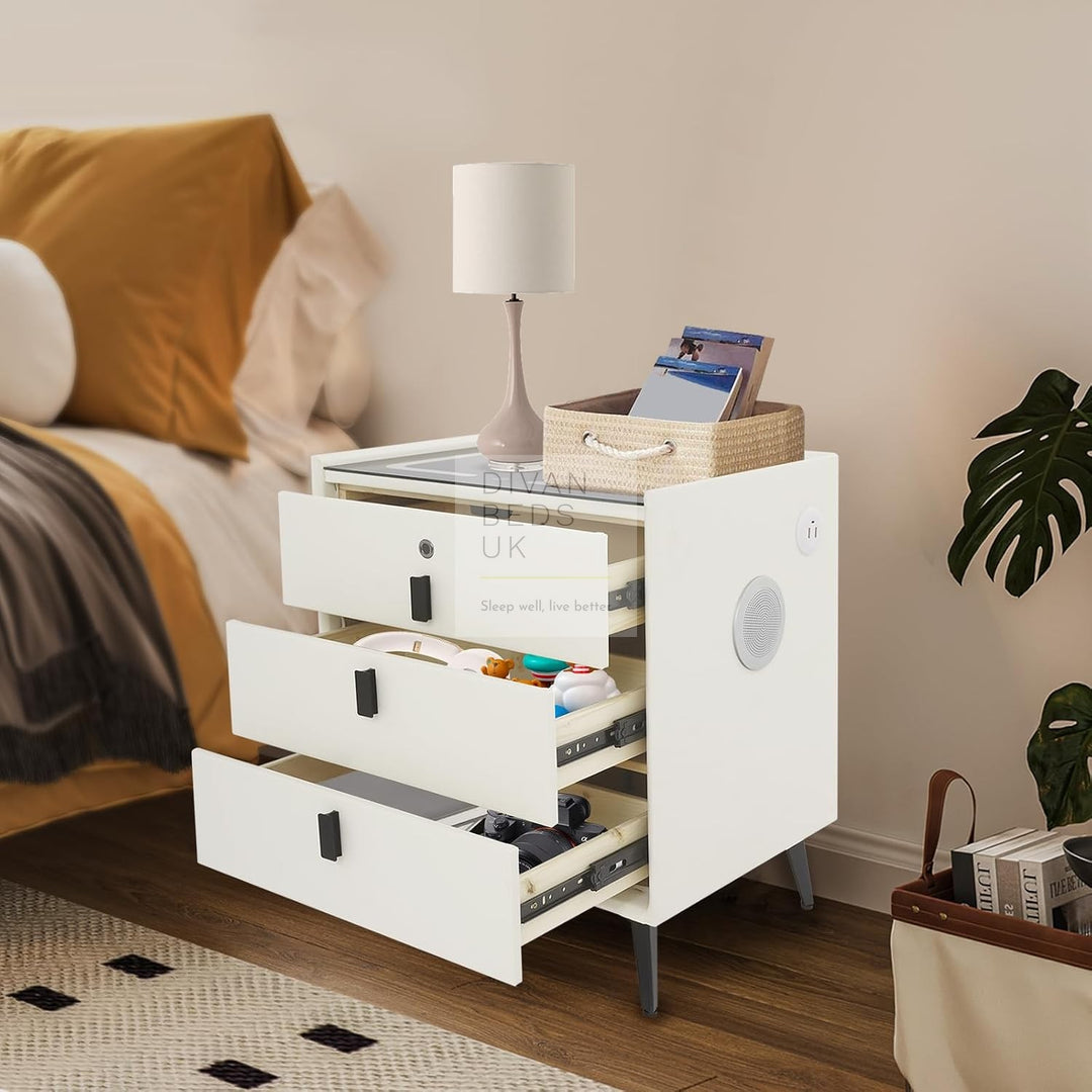 Elara White 3 Drawer Smart LED Bedside Table with Bluetooth Speakers, Fingerprint Lock, USB, Type C and Wireless Charging