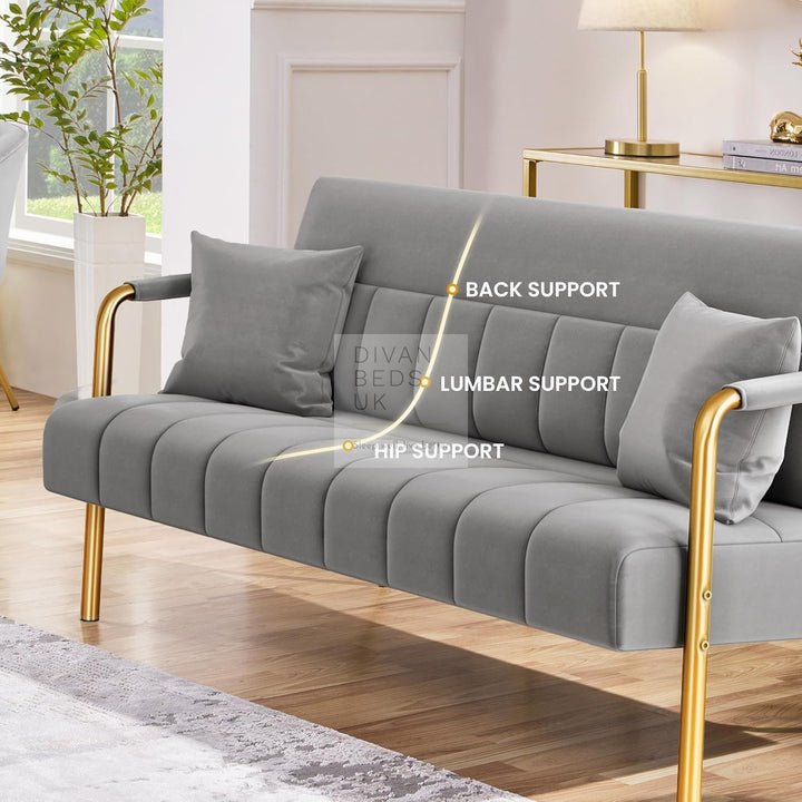 Parisa Grey Velvet Velour 2 Seater Sofa with Gold Metal Legs