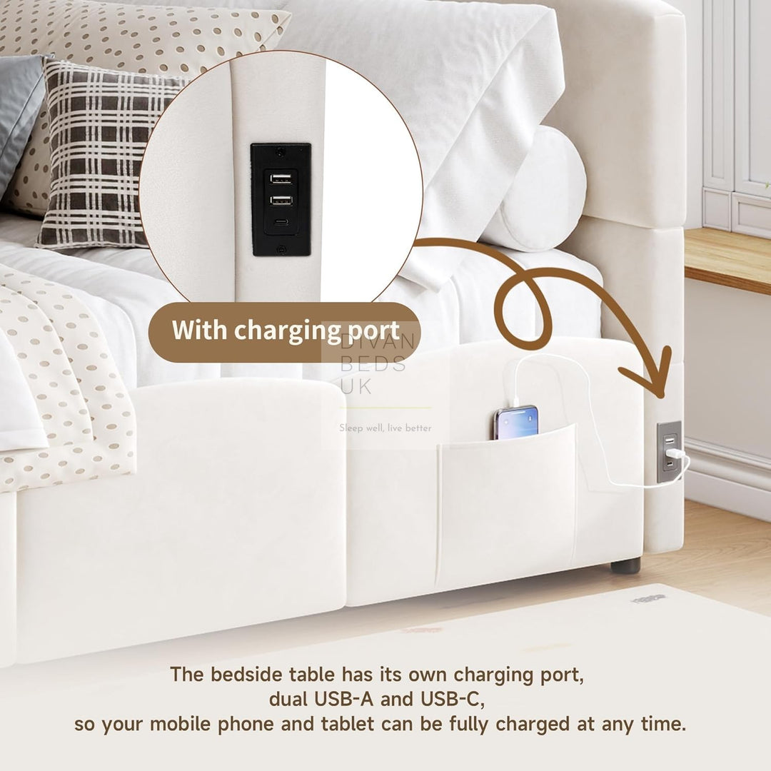 Amaia Beige Plush Velvet Smart Ottoman Storage Daybed Sofa Bed Couch with Charging Station, USB & Type C Ports