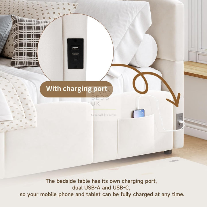 Amaia Beige Plush Velvet Smart Ottoman Storage Daybed Sofa Bed Couch with Charging Station, USB & Type C Ports