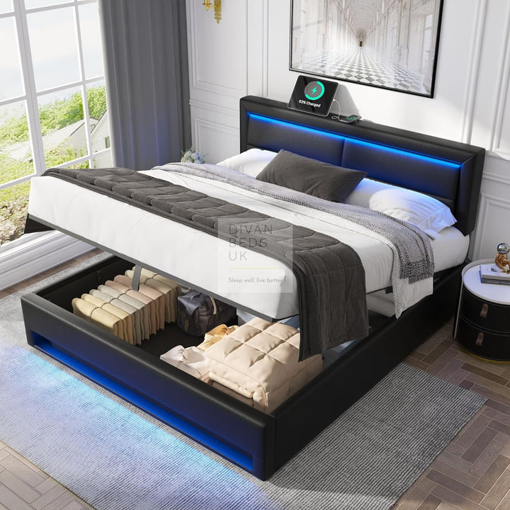 Iris Black Leather Smart Ottoman Bed with LED Lighting, Type C, USB and Wireless Charging