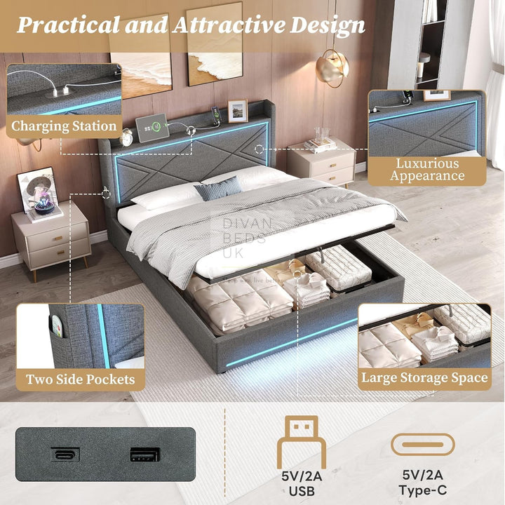 Montecelio Charcoal Grey Linen Ottoman Storage Bed with LED Lights, Type C and USB Charging Headboard Storage Shelf