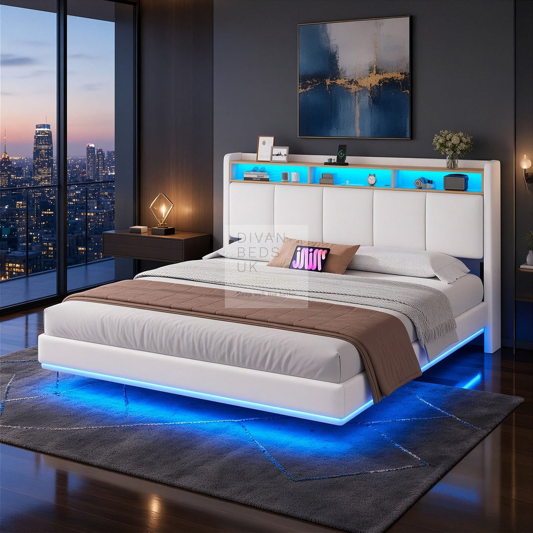 Houston Smart Metal Floating Bed with White Linen Padded Storage Headboard, LED Lights, Plug Sockets, USB &amp; Type C Charging Station