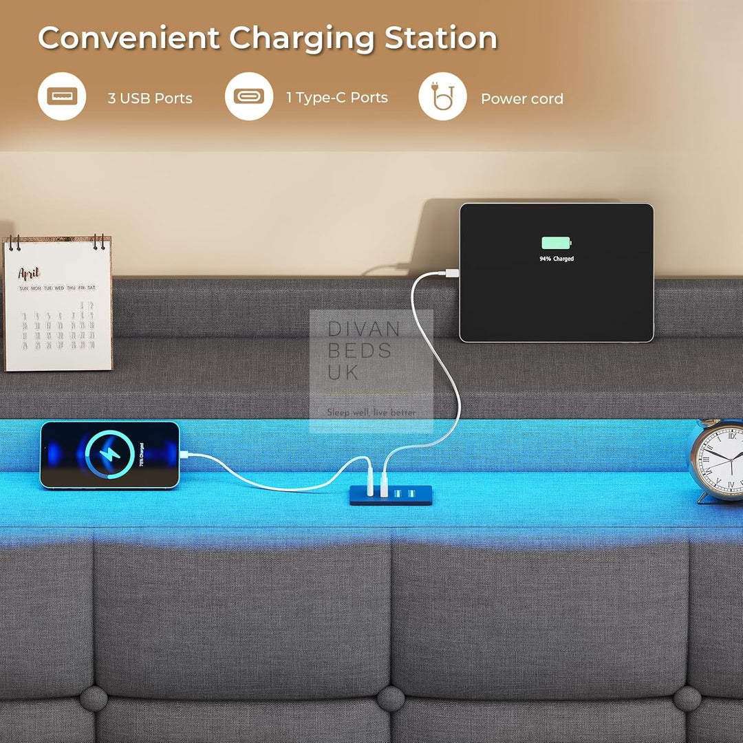 Houston Smart Metal Floating Bed with Grey Linen Padded Storage Headboard, LED Lights, USB & Type C Charging Station