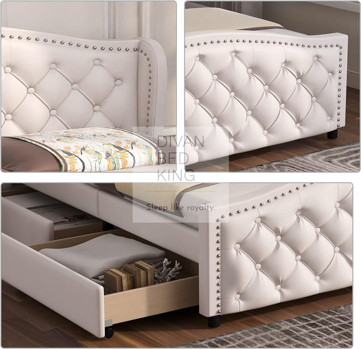 4FT6 Double Royal White Leather Winged Chesterfield Bed Frame with 2 Drawers