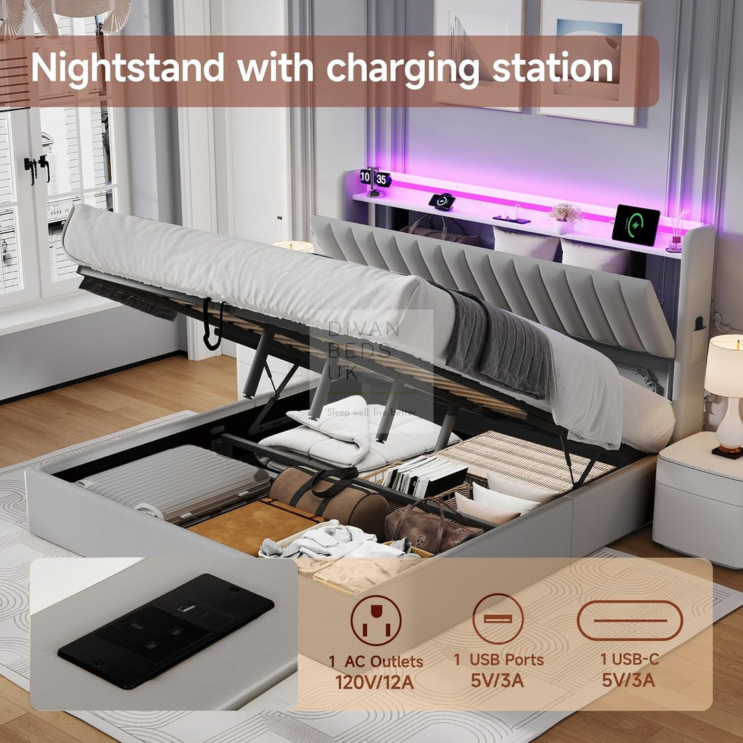Mauricio Grey Leather Ottoman Smart Bed with LED Headboard Storage Charging Station, Socket, USB and Type C Port