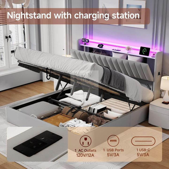 Mauricio Grey Leather Ottoman Smart Bed with LED Headboard Storage Charging Station, Socket, USB and Type C Port