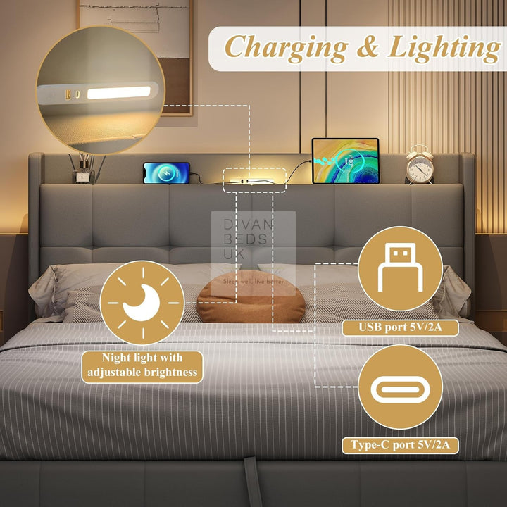Serafina Grey Leather Ottoman Smart Bed with LED Headboard Storage Charging Station, USB, Type-C Ports