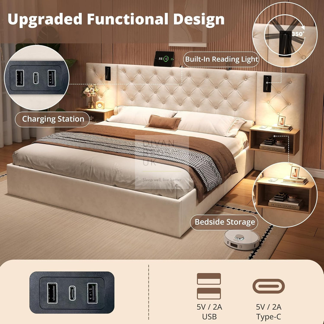 Arellano Beige Velvet Oversized Headboard Ottoman Storage Bed with Integrated Bedside Shelves, Power Outlets, USB & Type C Ports