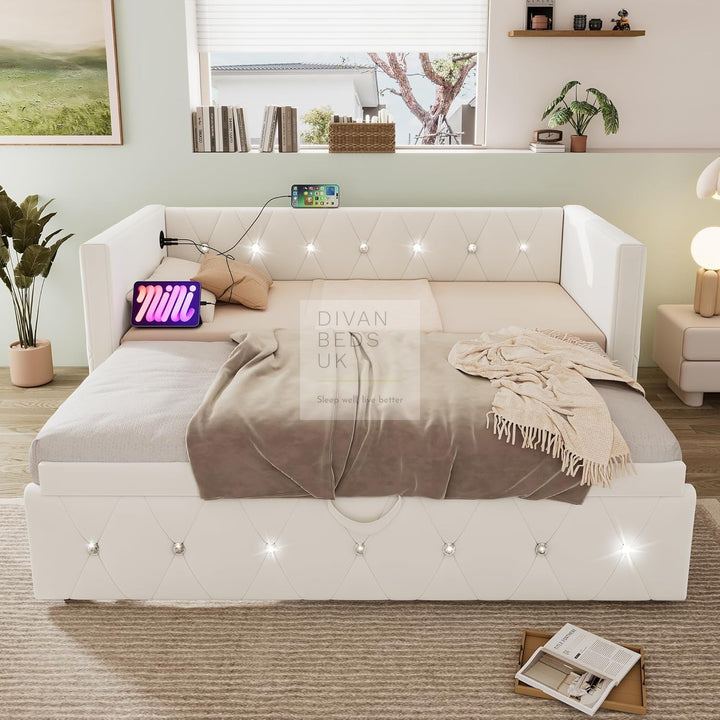 Taranto Beige Velvet Diamante Crystal Smart Daybed Sofa Bed Couch with Trundle, Charging Station, USB & Type C Ports