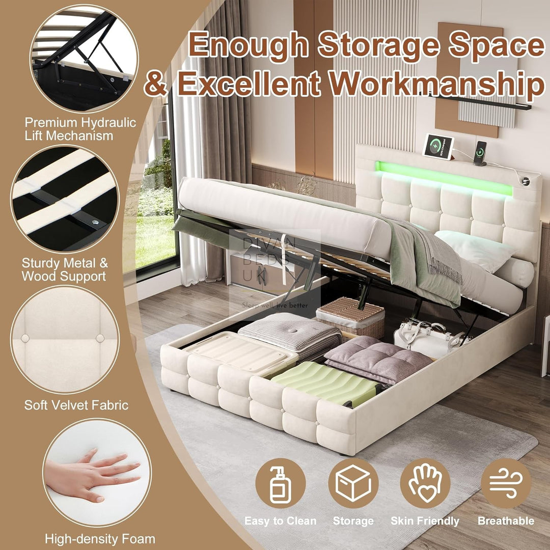 Campania LED Beige Ottoman Storage Bed with Bluetooth Speakers, USB & Type-C Ports - Copy