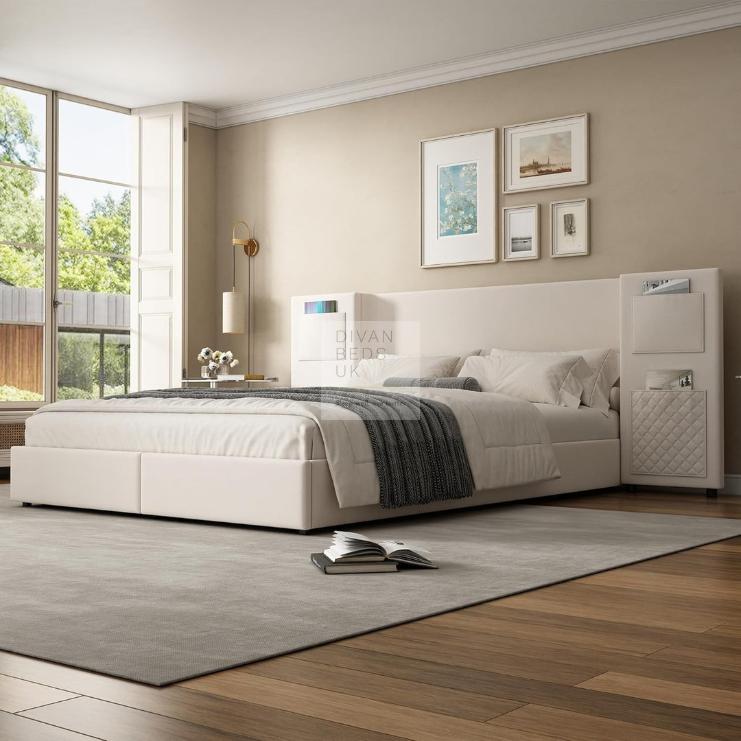 Avalos Oversized Headboard Beige Soft Cotton Flannel Storage Bed Frame with 2 Drawers