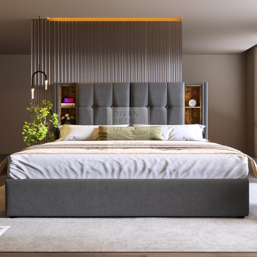 Guevara Grey Linen Ottoman Storage Bed with Type C, USB & Wireless Charging Headboard Shelves