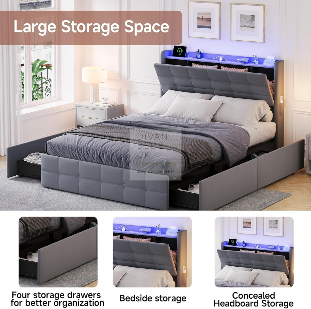 Vicente 4 Drawer Soft Grey Velvet Smart Bed with LED Lights, Type C and USB Charging Adjustable Headboard Shelf