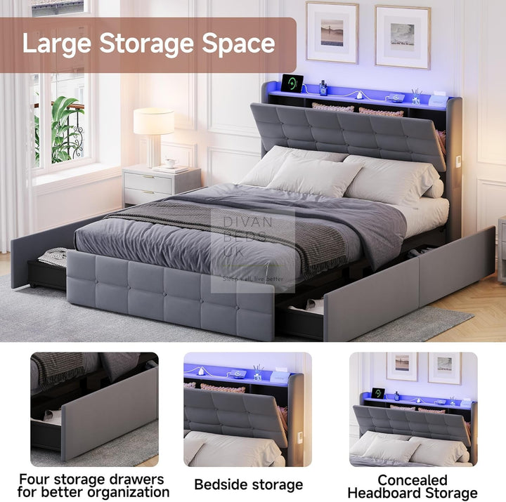 Vicente 4 Drawer Soft Grey Velvet Smart Bed with LED Lights, Type C and USB Charging Adjustable Headboard Shelf