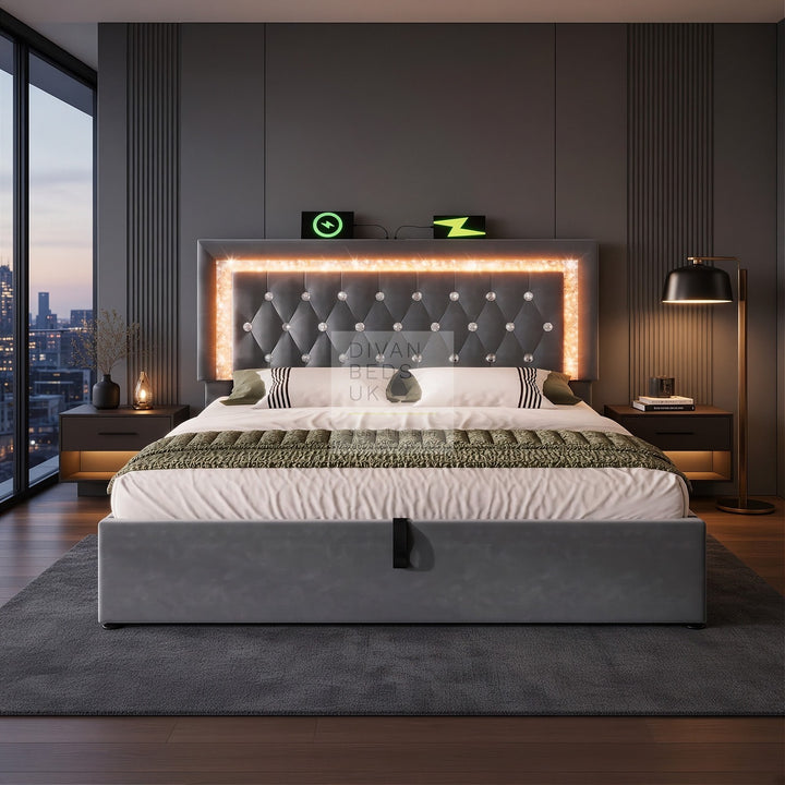 Adela Grey Velvet Diamante Crystal Bed Ottoman Storage Smart Bed with Glitter LED Lights, USB and Type-C Charging