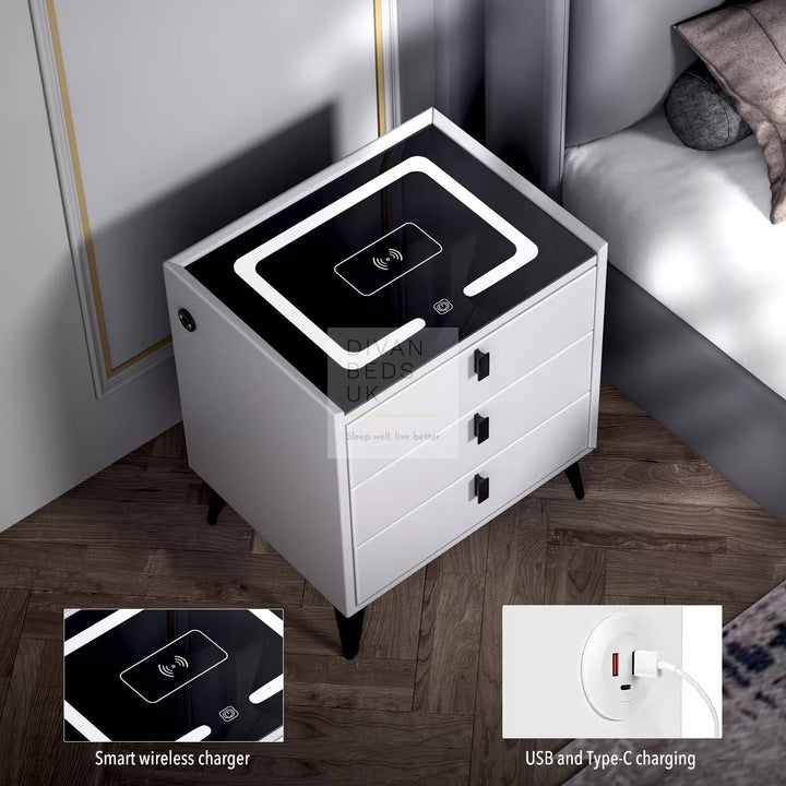 Elara White 3 Drawer Smart LED Bedside Table with USB, Type C and Wireless Charging