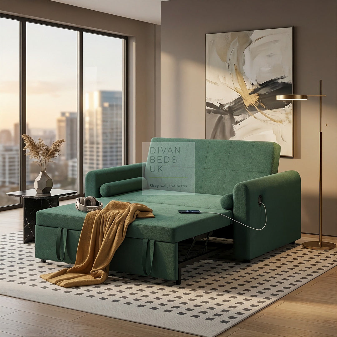 Kimora Green Linen Smart Daybed Sofa Bed with USB & Type C Charging and Matching Pillows